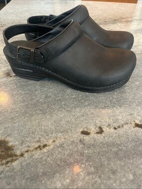 Dansko Black Leather Clogs with Adjustable Slingback